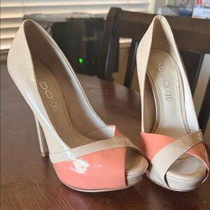 Aldo Beige and Coral Patent Peep-Toe Stilettos